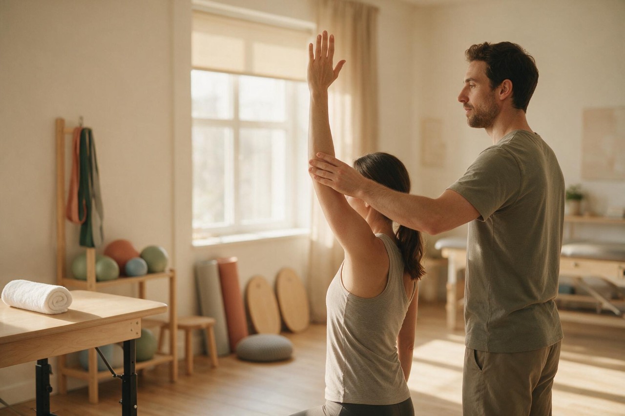 Session photo — warm, natural light, hands-on movement work